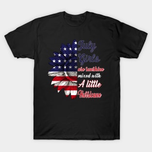 July Girls Are Sunshine Mixed Little Hurricane 4th Of July T-Shirt